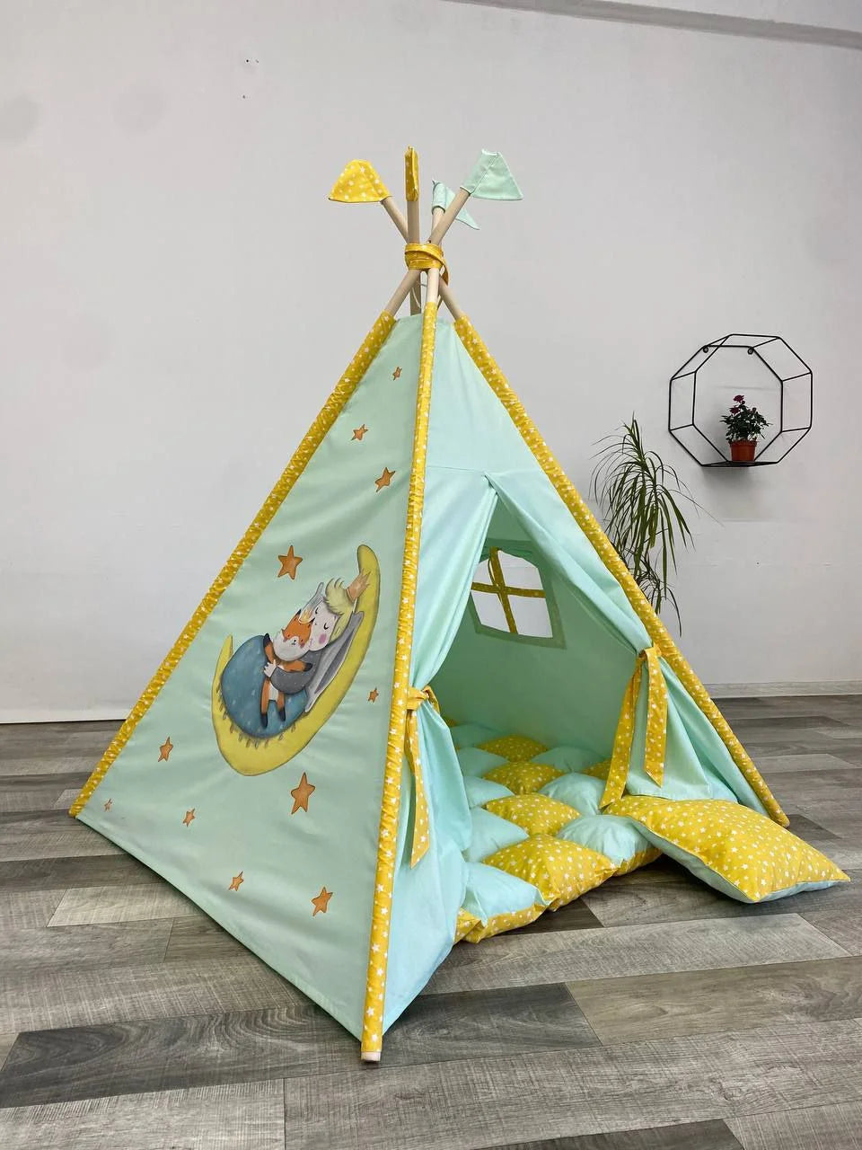 Tenda teepee wigwam bambini cotone verde menta giallo dipinta a mano personalizzata con nome, tappeto imbottito e cuscino inclusi