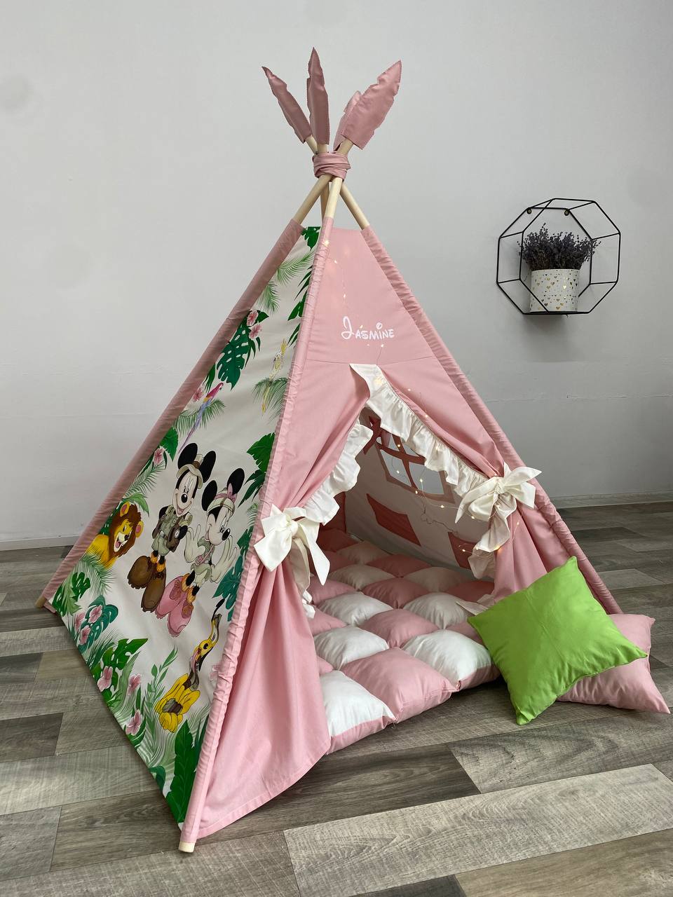 Tenda teepee bambini rosa Topolina Safari dipinta a mano, nome personalizzato, cuscini, luci led