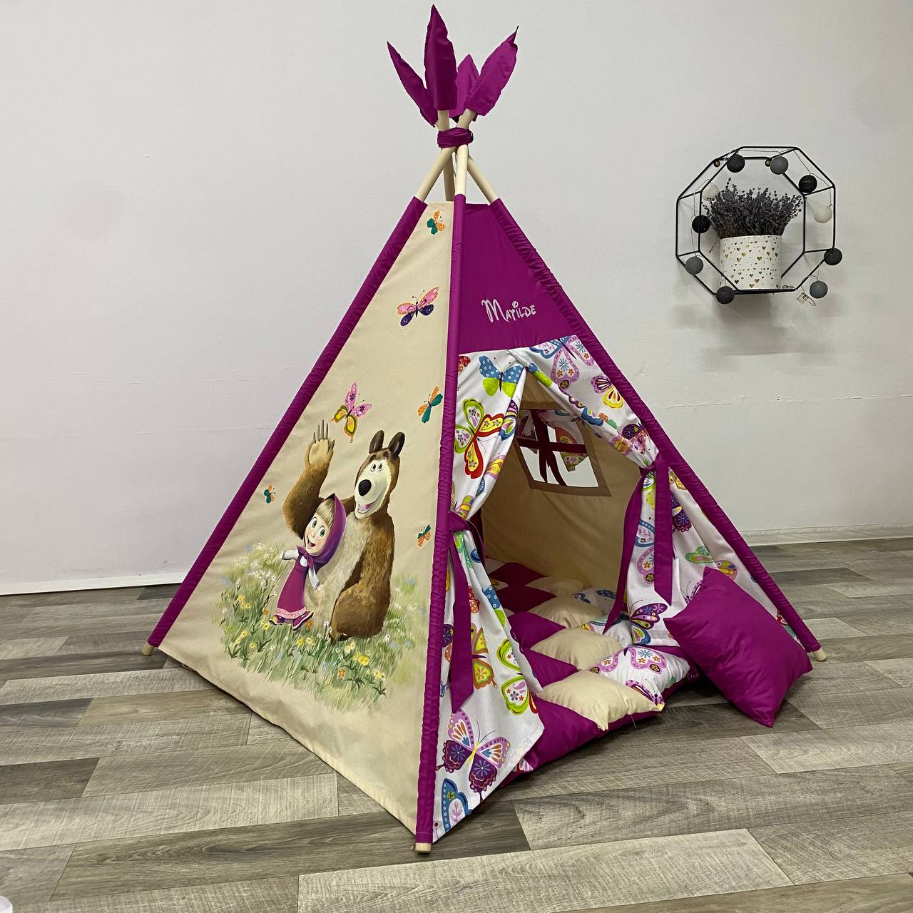 Teepee per bambini Masha e Orso personalizzato beige fucsia con cuscino  e tappetino imbottito