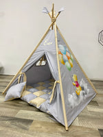 Tenda teepee bambini Winnie Pooh grigio dipinta a mano – nome personalizzato, tappeto cuscini, regalo bambino cameretta