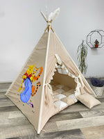 Tenda teepee bambini Winnie Pooh Tigro Ih-Oh beige dipinta a mano – volant bianco, cuscini, nome personalizzato, tappetto 
