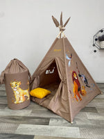 teepee tenda bambini e cestino tortora  re leone dipinto a mano personalizzato con nome, tappeto incluso 