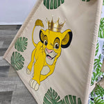 tenda teepee bambini cotone dipinta a mano tema leoncino savana personalizzata con nome tappeto imbottito struttura legno pieghevole cameretta