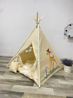 Tenda giochi bambini cotone dipinta a mano tema animale bosco personalizzata con nome, materassino imbottito, cuscino e pali pieghevoli inclusi unisex 