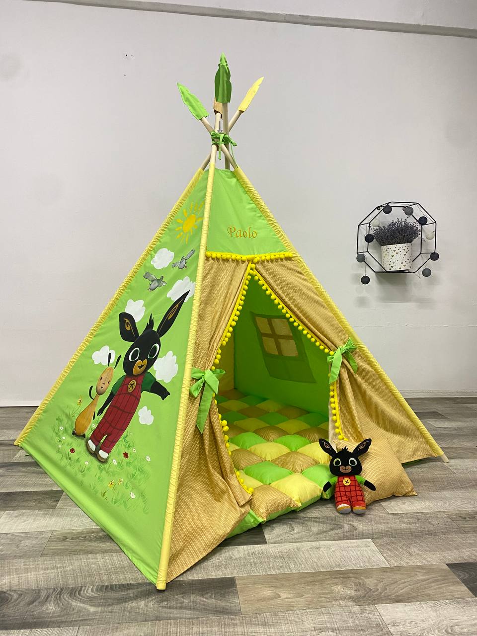 Tenda giochi bambini cotone dipinta a mano tema coniglietti bosco personalizzata con nome, materassino imbottito, cuscino e pali pieghevoli inclusi