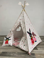 Tenda giochi rosa cuori bambina cotone dipinta a mano tema coniglietto e elafante personalizzata con nome, materassino imbottito, cuscino e pali pieghevoli inclusi