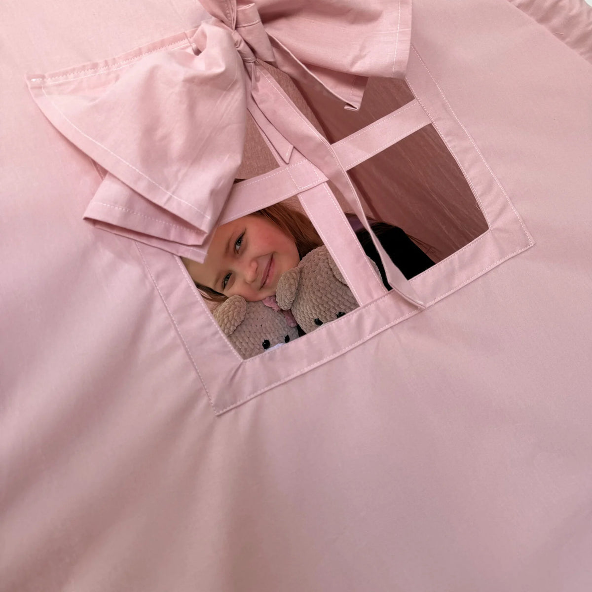 Finestra laterale tenda teepee rosa bambini con laccetti in tessuto