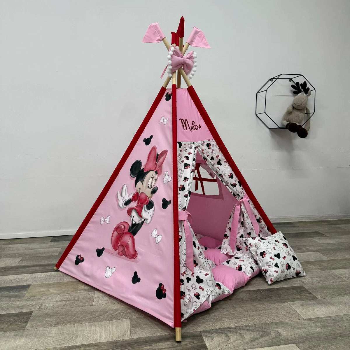 Tenda giochi bambini cotone dipinta a mano tema topo cartone animato, personalizzata con nome, materassino imbottito, cuscino e pali pieghevoli inclusi