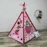 Tenda giochi bambini cotone dipinta a mano tema topo cartone animato, personalizzata con nome, materassino imbottito, cuscino e pali pieghevoli inclusi