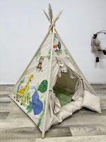 regalo nascita battesimo Tenda da gioco a forma di teepee per bambini, tessuto beige  animali della savana come leoni, elefanti, giraffe e papagallo