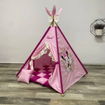 Tenda giochi rosa cotone dipinta a mano tema topo cartone animato, personalizzata con nome, materassino imbottito, cuscino e pali pieghevoli inclusi
