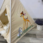 Tenda giochi bambini cotone dipinta a mano tema animale bosco personalizzata con nome, materassino imbottito, cuscino e pali pieghevoli inclusi unisex 
