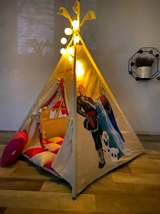 Teepee bambini Frozen beige e rosa dipinta a mano con nome, tappeto e cuscino inclusi