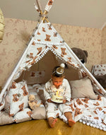 Tenda giochi bambini cotone panna bianco dipinta a mano tema orsetti personalizzata con nome, tappeto tema compleanno bambino