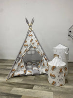 tenda teepee bambini grigio bianco orsetti tappetto a scacchi r cestoni coordinati 