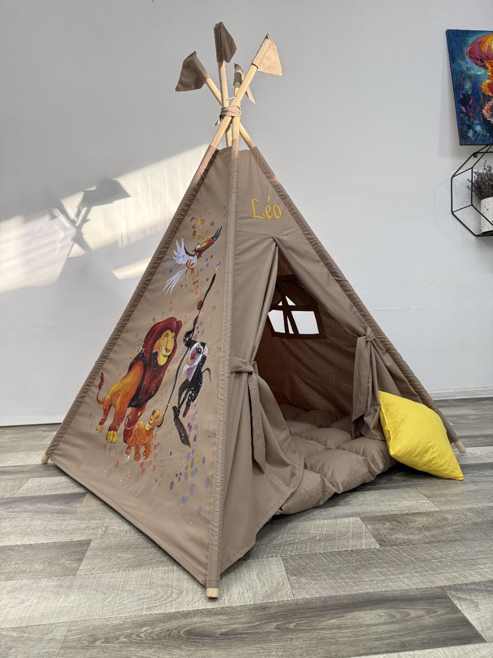 tenda teepee banbini tortora dipinto a mano re leone e mufasa con tappetto  cuscino incluso 