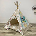 tenda teepee bambini beige floreale tema vaiana tropicale dipinto a mano su cotone, tappetto e cuscino 