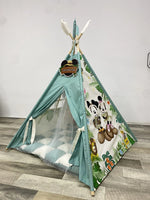 Tenda teepee bambini verde salvia Topolini Safari dipinta a mano, personalizzato, tappetto incluso 