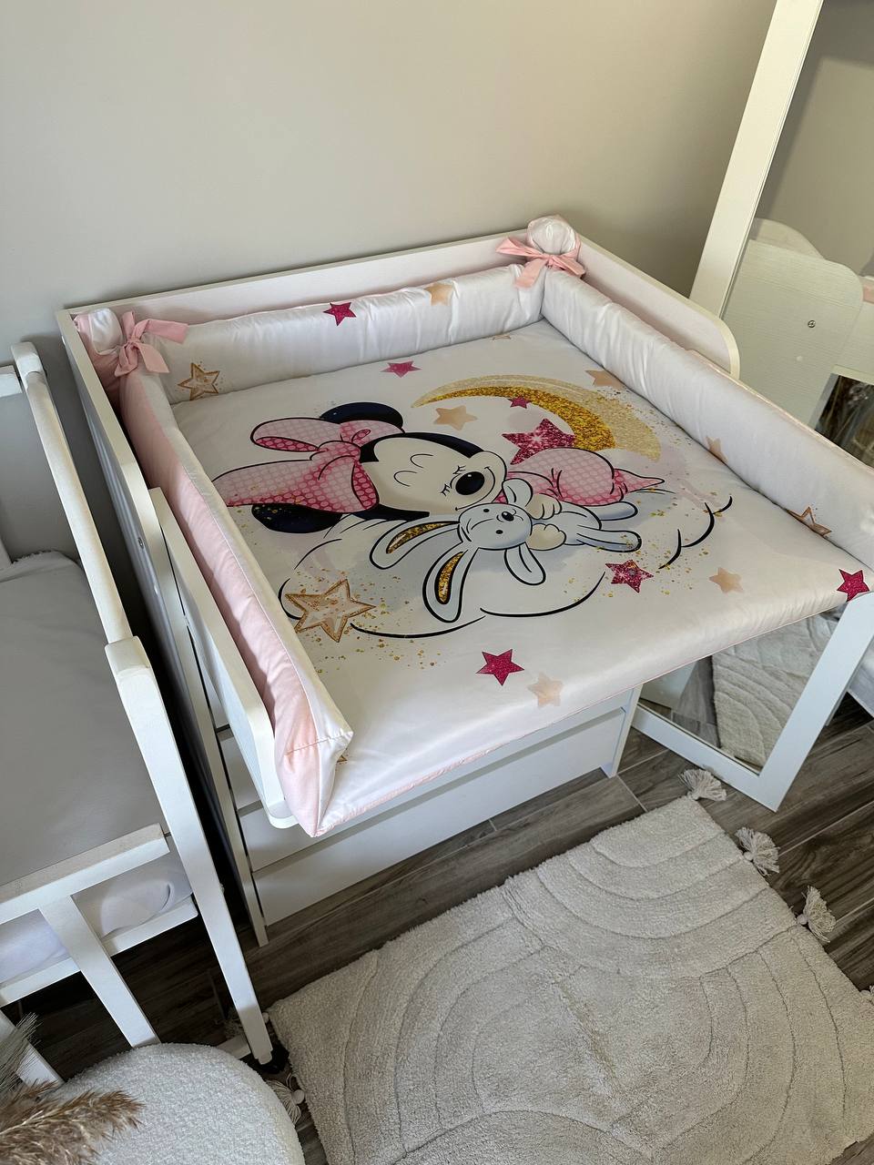 Materassino fasciatoio neonato bordi alti in cotone rosa topolina, double face impermeabile fatto a mano su misura, cambio pannolino neonato