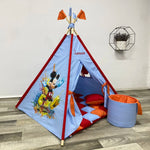 Tenda tipi/teepee/wigwam bambini  Azzurro/celeste, dipinta a mano tema topolino cartone animato, personalizzata con nome, materassino imbottito, cuscino e pali pieghevoli inclusi