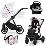 Set passeggino trio Kunert Ivento a fiori con scocca bianca, ovetto auto, passeggino leggero e ruote nere