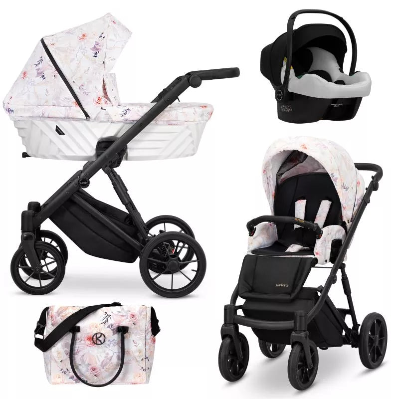 Set passeggino trio Kunert Ivento a fiori con scocca bianca, ovetto auto, passeggino leggero e ruote nere