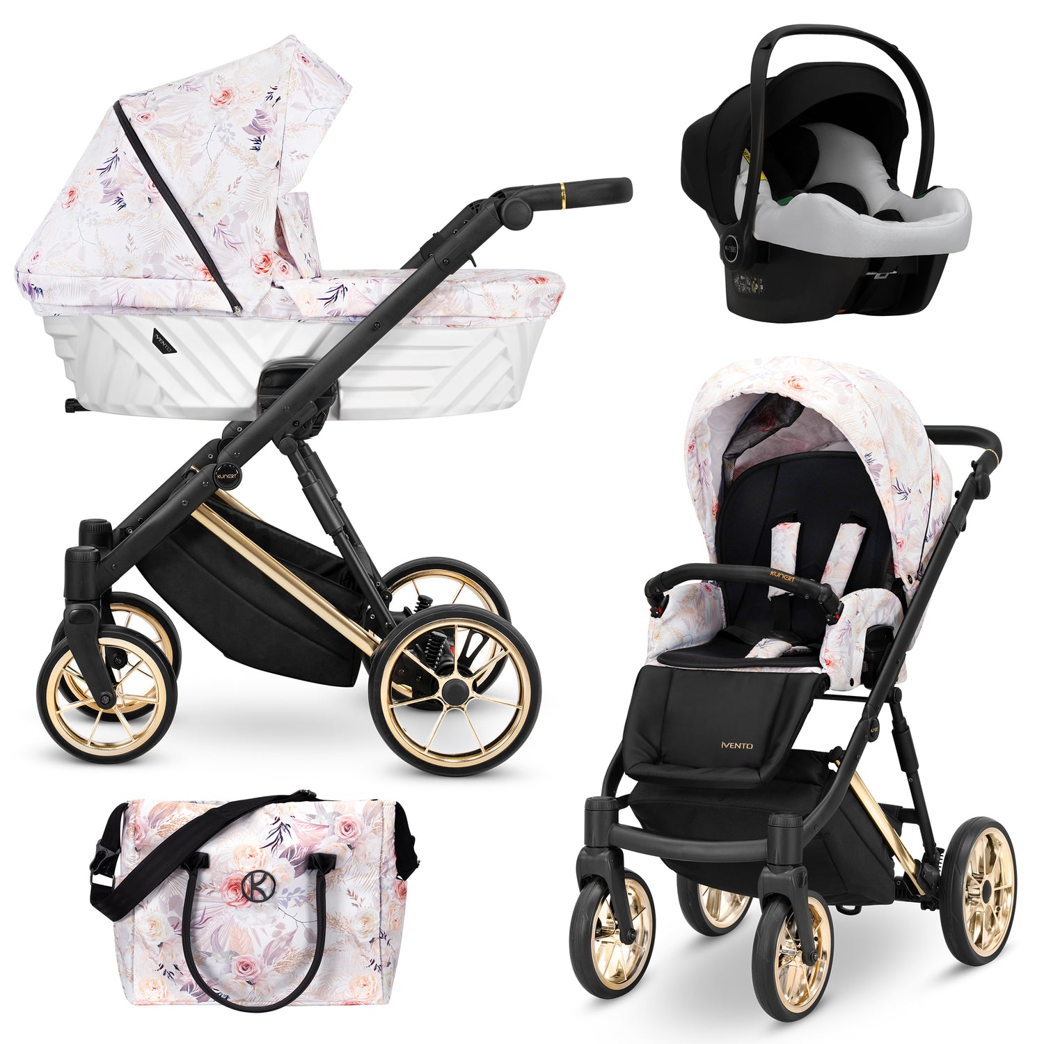 Set passeggino trio Kunert Ivento a fiori con navicella bianca, ovetto auto, passeggino leggero e borsa