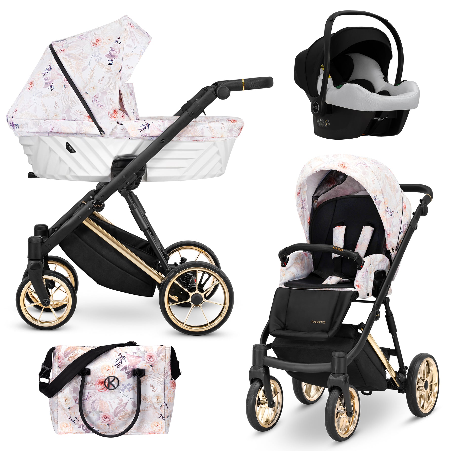 Set passeggino trio Kunert Ivento a fiori con navicella bianca, ovetto auto, passeggino leggero e borsa