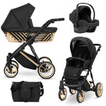 Kit passeggino trio Kunert Ivento nero con navicella geometrica, ovetto, borsa e ruote color oro lucido