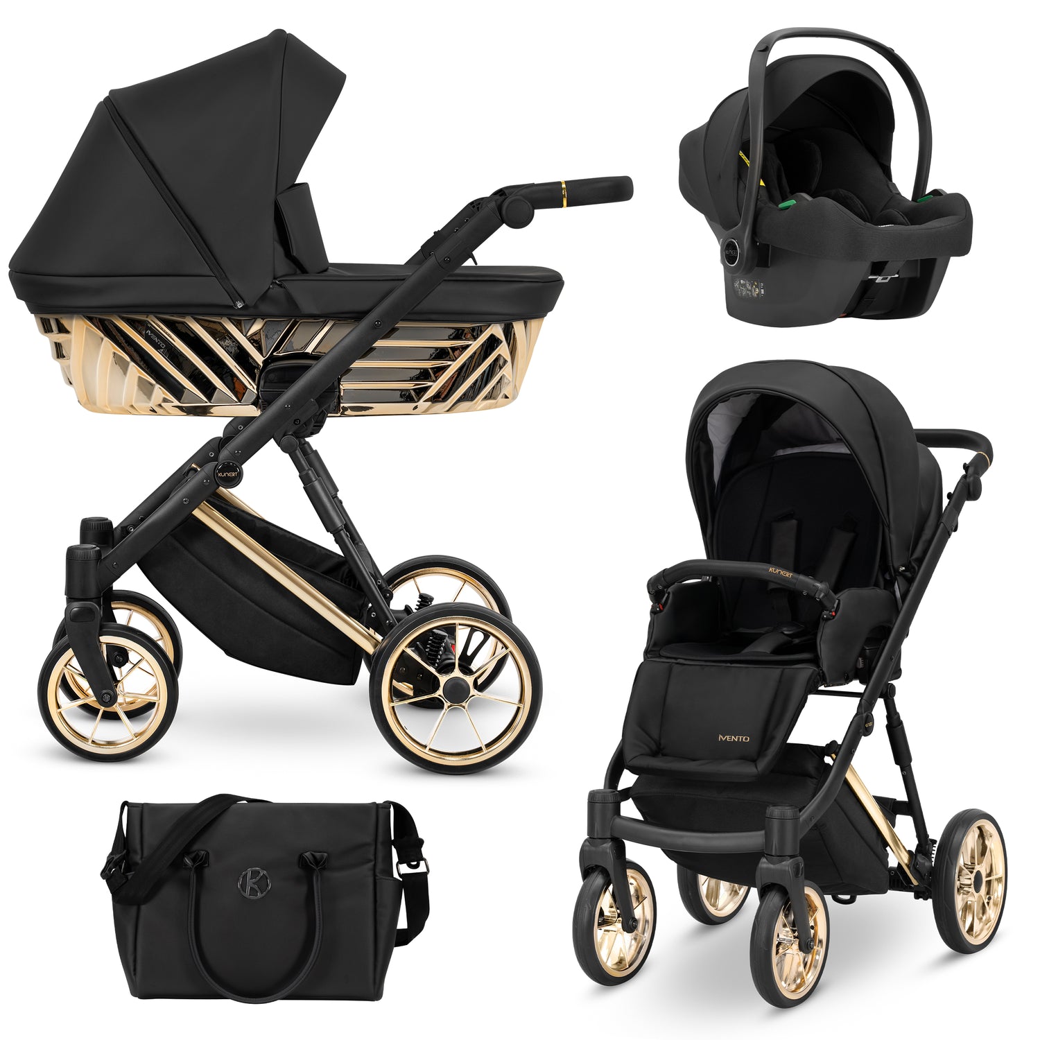 Kit passeggino trio Kunert Ivento nero con navicella geometrica, ovetto, borsa e ruote color oro lucido