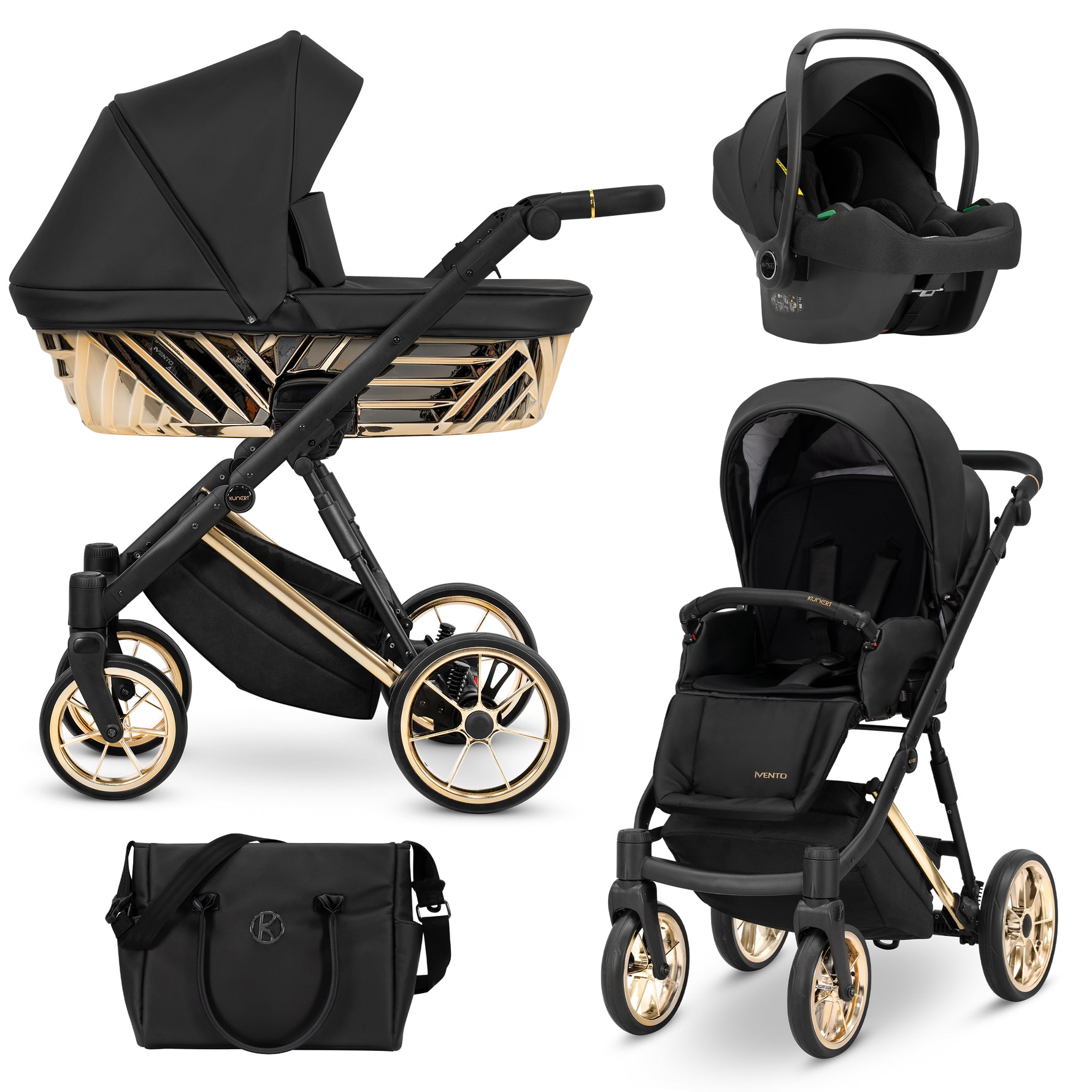 Kit passeggino trio Kunert Ivento nero con navicella geometrica, ovetto, borsa e ruote color oro lucido