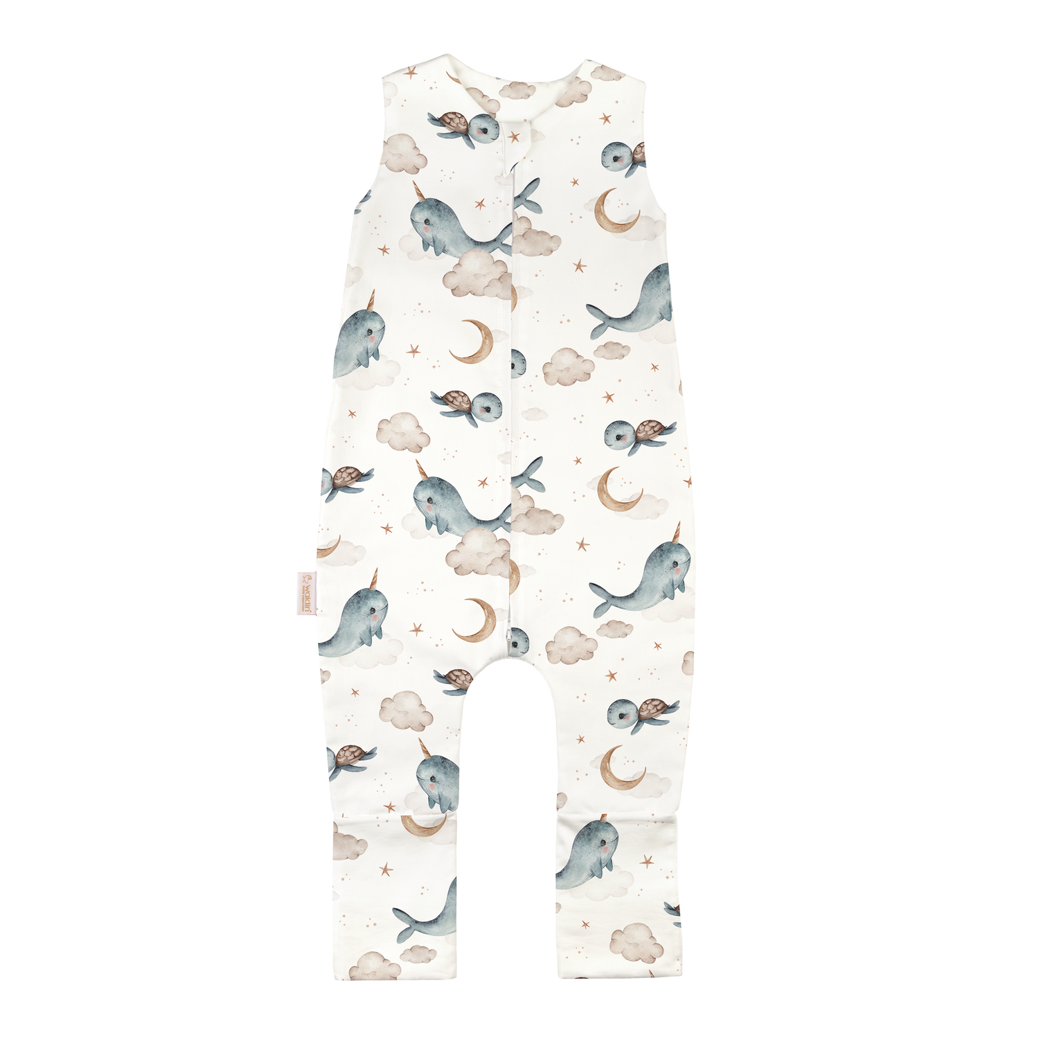 Tutina sacco nanna senza maniche con piedini in cotone off-white con stampa narvali, luna, nuvole e tartarughe per bambini