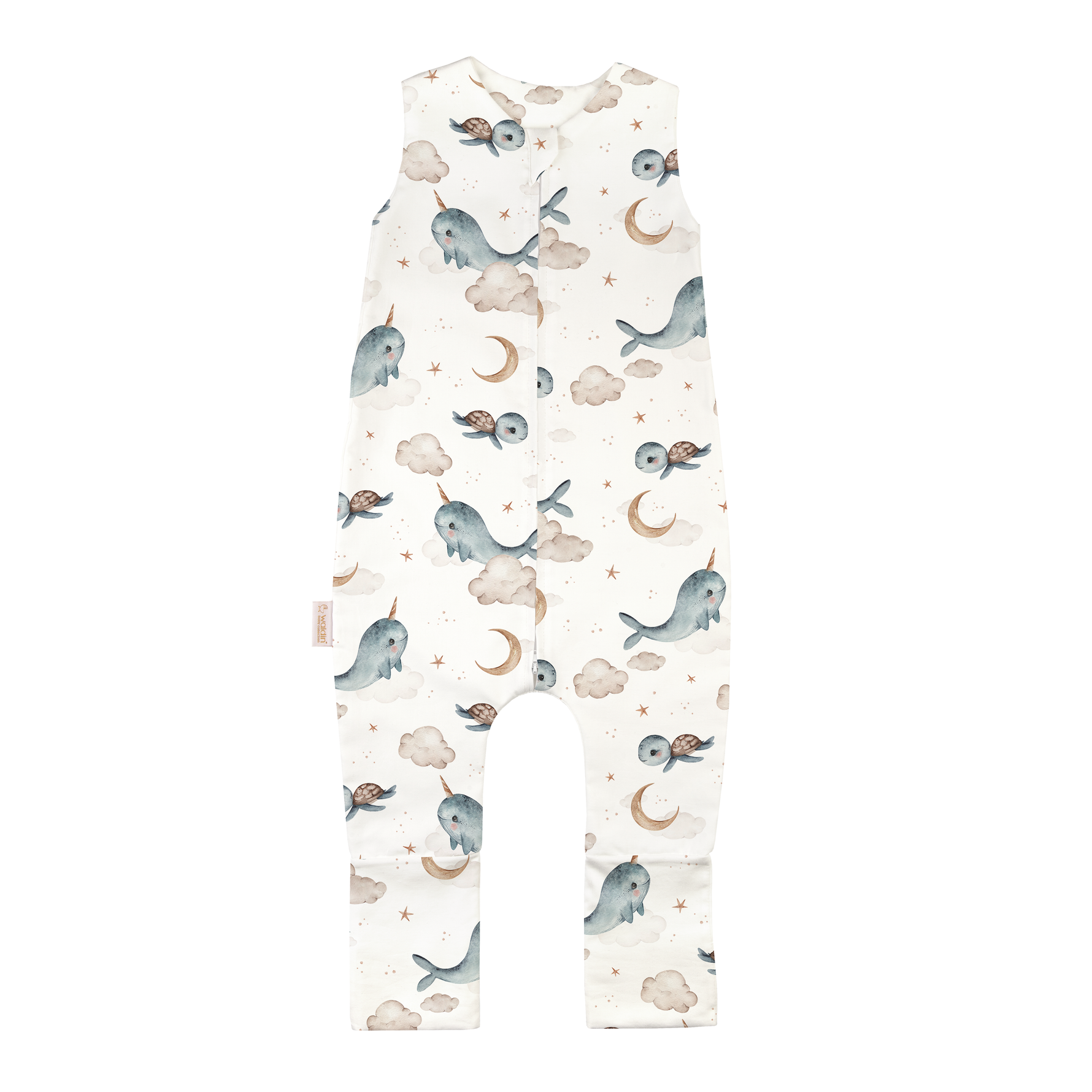 Tutina sacco nanna senza maniche con piedini in cotone off-white con stampa narvali, luna, nuvole e tartarughe per bambini
