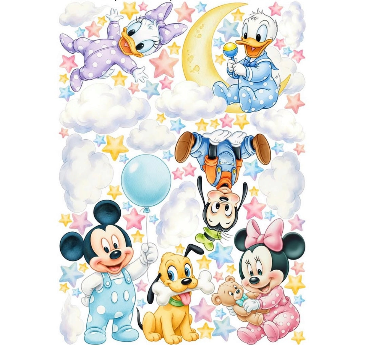 Wall sticker baby topolini paperini luna nuvole stelle pastello cameretta neonato, sticker staccabile 