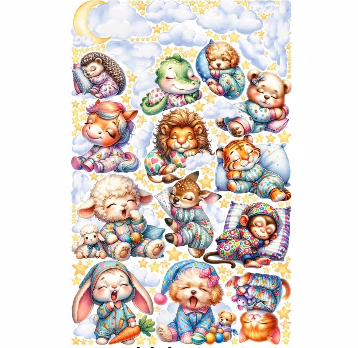 Wall sticker cameretta bambini animali dormienti pigiama stelle nuvole luna coniglio agnello tigre leone staccabili