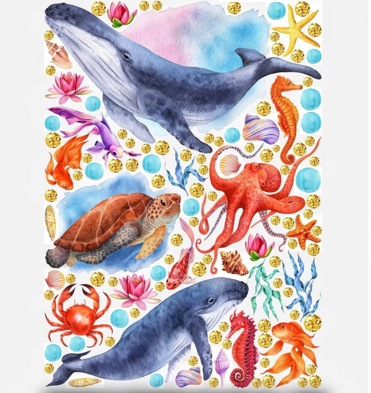 Wall sticker staccabili con balene tartaruga polpo e cavalluccio marino in acquerello colorato ideali per cameretta
