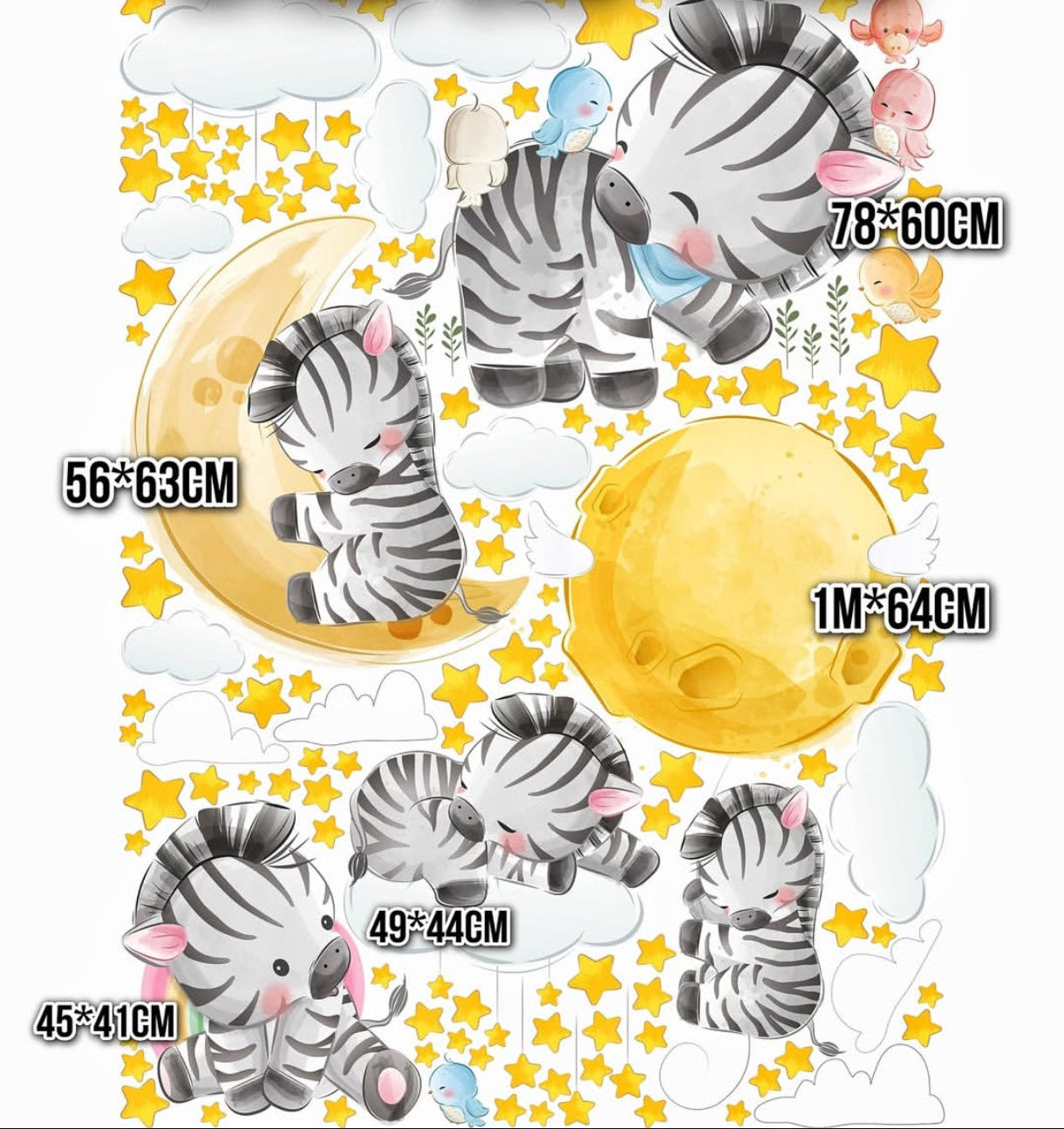 Wall sticker staccabili con zebrette dormienti luna dorata stelle e nuvole ideali per decorare la cameretta dei bambini