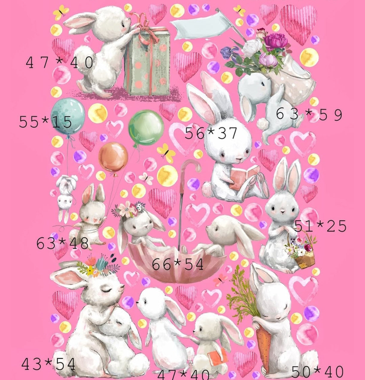 Adesivi murali cameretta bambina coniglietti bianchi rosa cuori palloncini ombrello fiori wall sticker staccabili