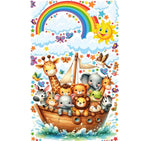 Adesivo murale bimbo tema arca animali arcobaleno colorato giraffa leone zebra elefante sole nuvole stelle cameretta