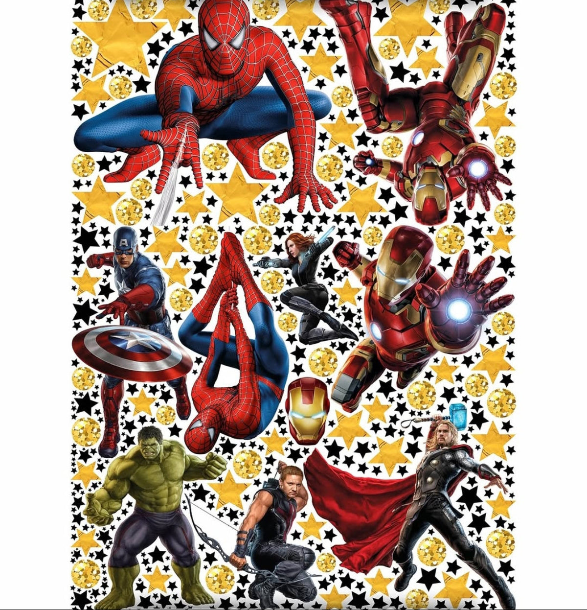Adesivi murali con gli Avengers Marvel Spider-Man Iron Man Hulk Thor tra stelle oro e nere per cameretta bambino