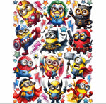 Adesivi murali con minions travestiti da supereroi Marvel e DC tra stelle e fulmini colorati per cameretta bambino
