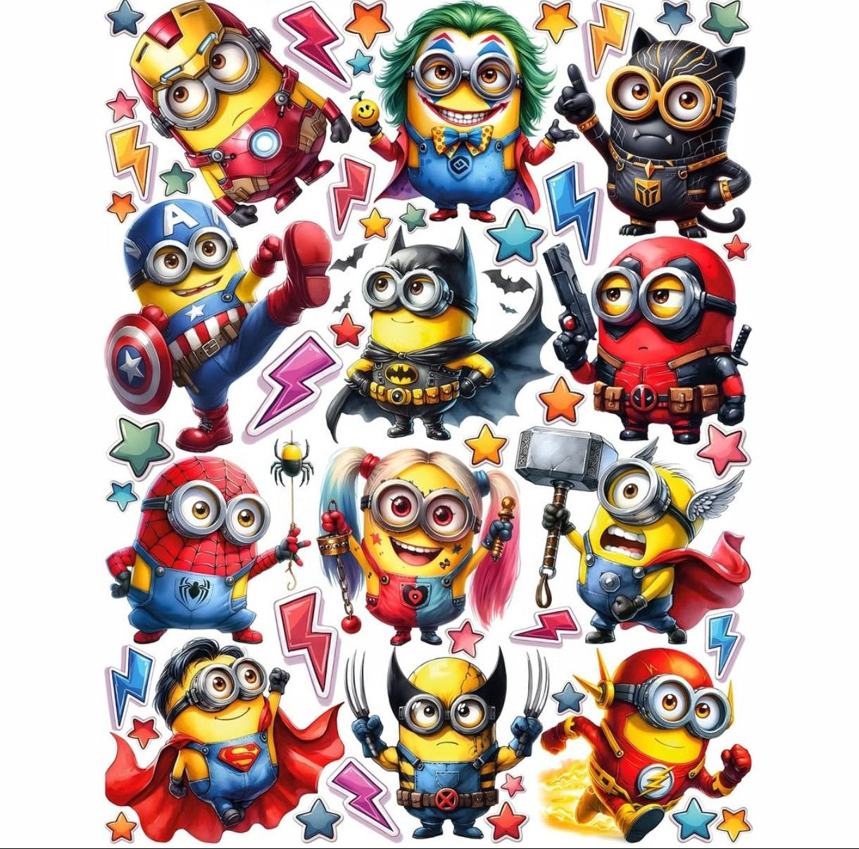 Adesivi murali con minions travestiti da supereroi Marvel e DC tra stelle e fulmini colorati per cameretta bambino