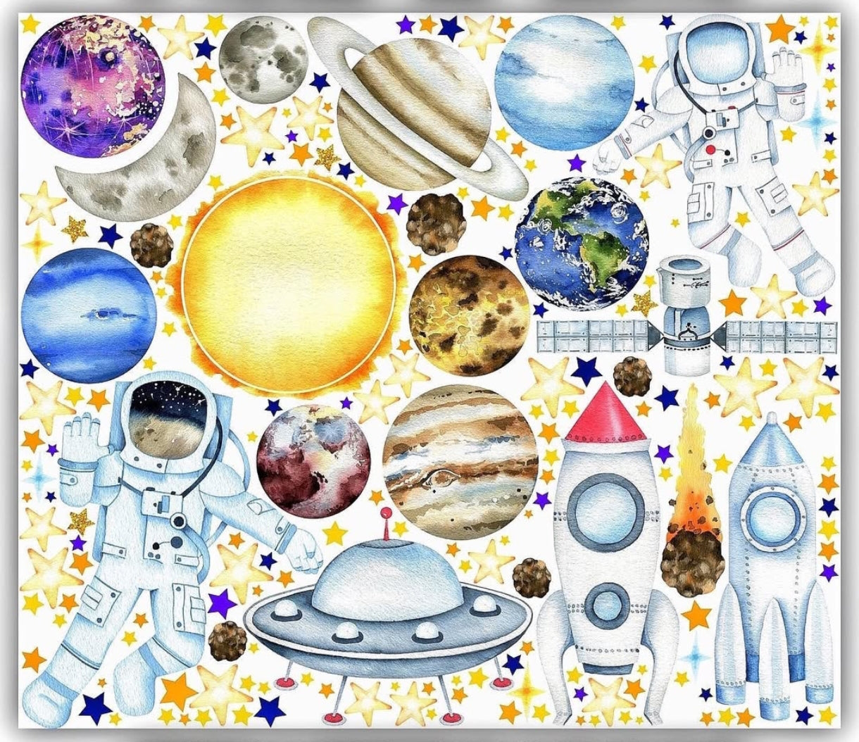 Wall sticker cameretta bimbo sistema solare pianeti sole luna astronauta razzi UFO satellite stelle staccabili