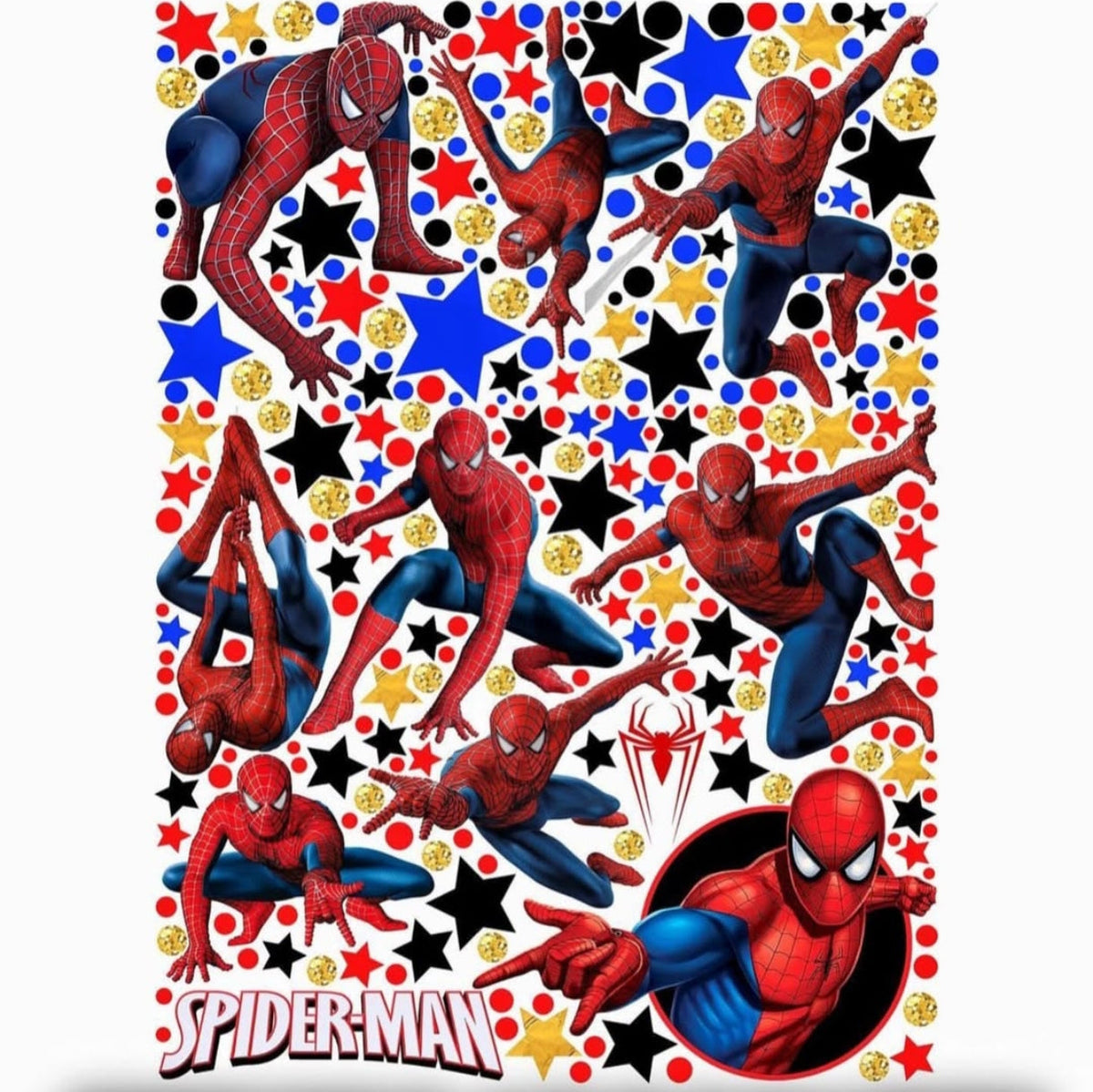 Wall sticker staccabili dedicati a Spider-Man Marvel con stelle e pois colorati ideali per decorare la cameretta bimbo