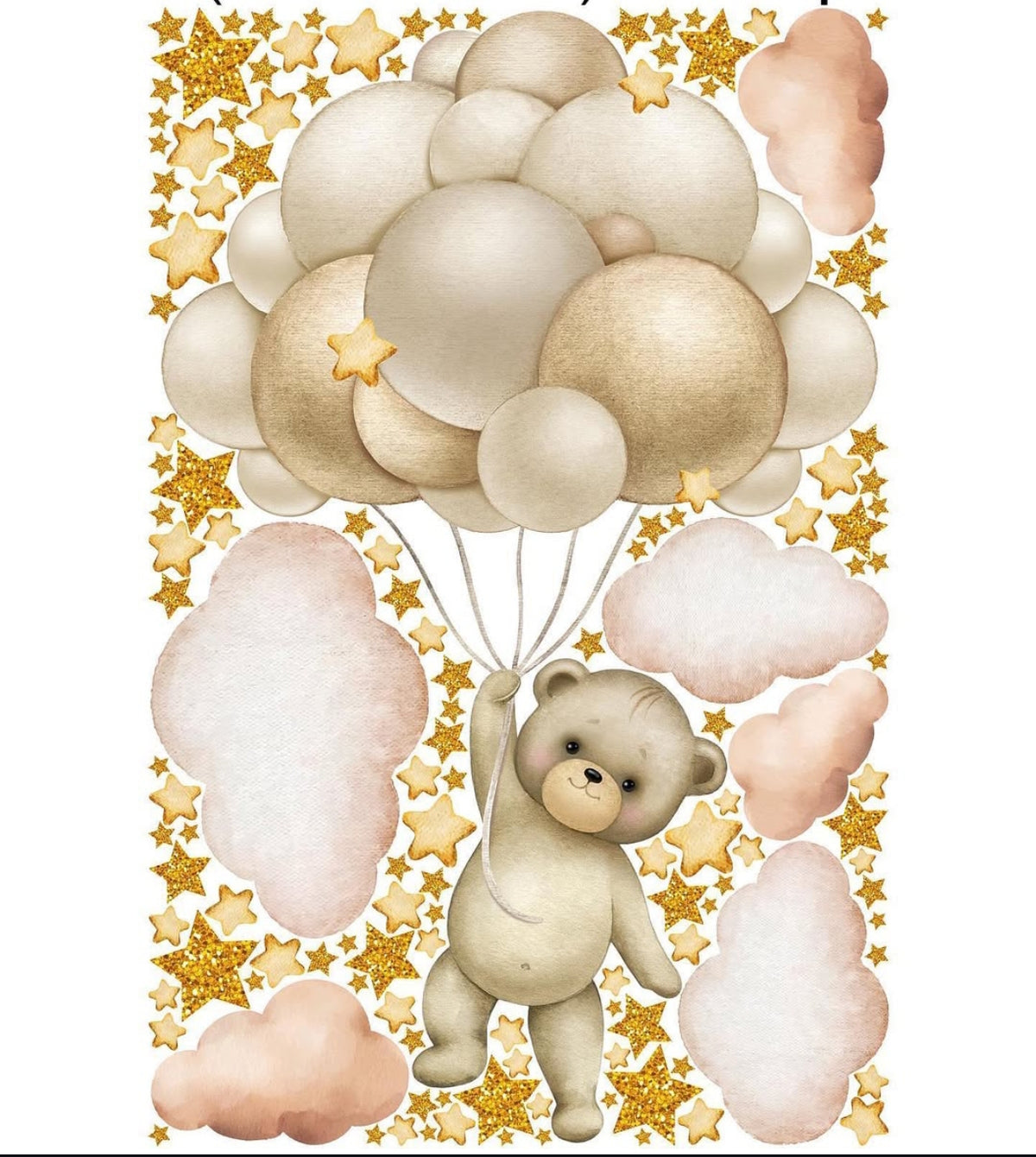 Wall sticker cameretta bimbo orsetto acquerello con palloncini dorati stelle glitter e nuvole, staccabili personalizzati