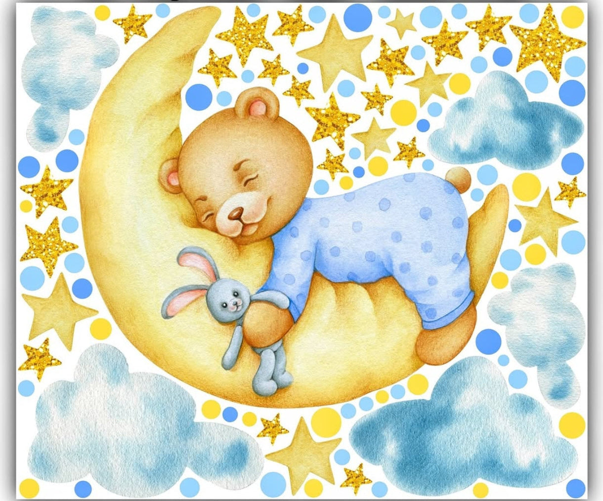 Wall sticker cameretta bimbo orsetto addormentata sulla luna dorata con coniglietto nuvole azzurre stelle dorate