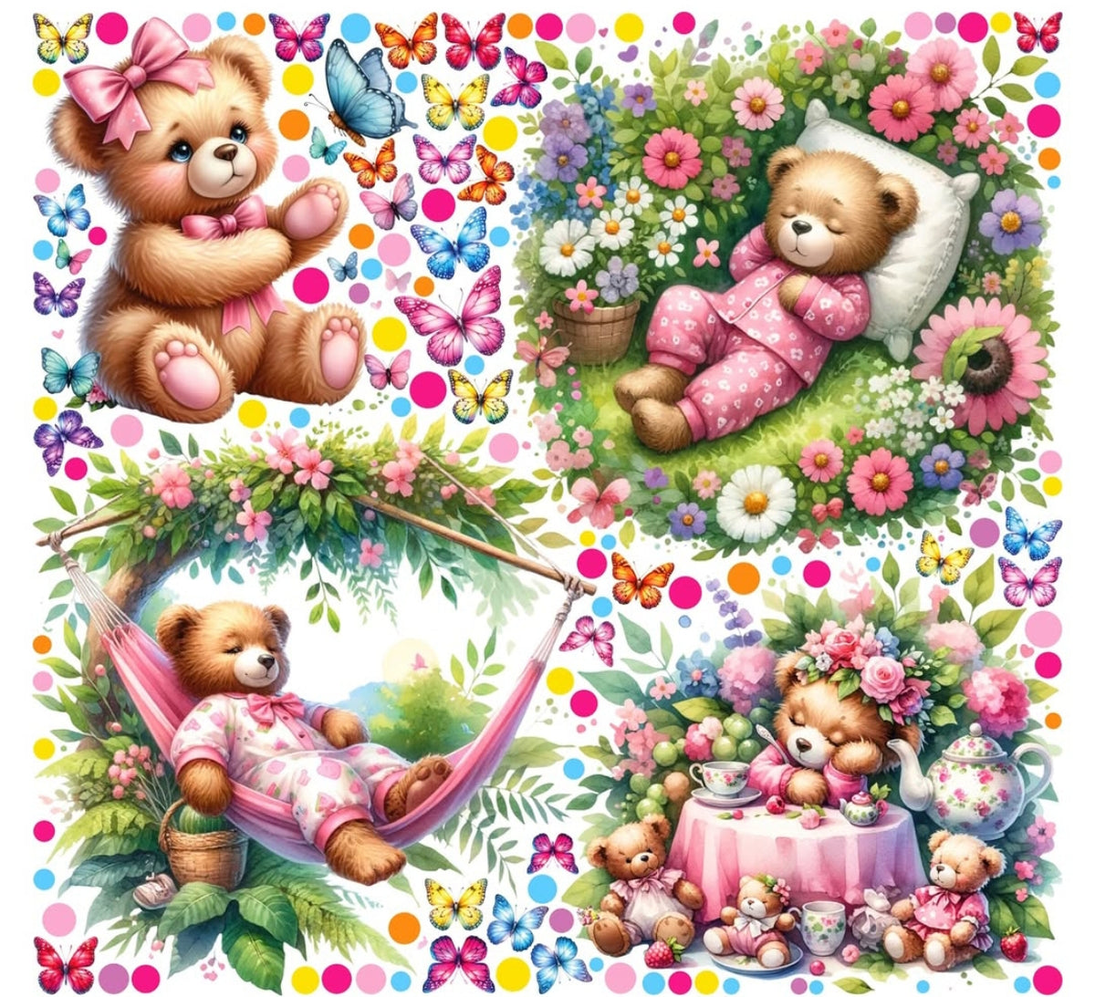 Wall sticker cameretta femminuccia set orsetti con fiocco rosa fiori colorati farfalle e tea party acquerello