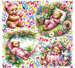 Wall sticker cameretta femminuccia set orsetti con fiocco rosa fiori colorati farfalle e tea party acquerello