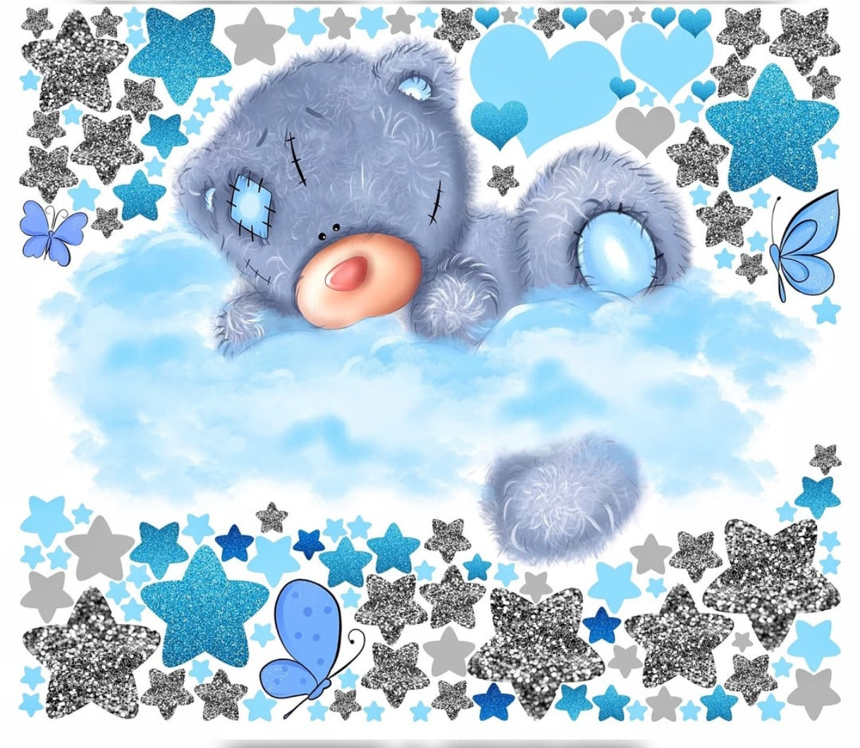Adesivi murali cameretta bimba orsetto grigio su nuvola con cuori e stelle glitter azzurro argento e farfalle