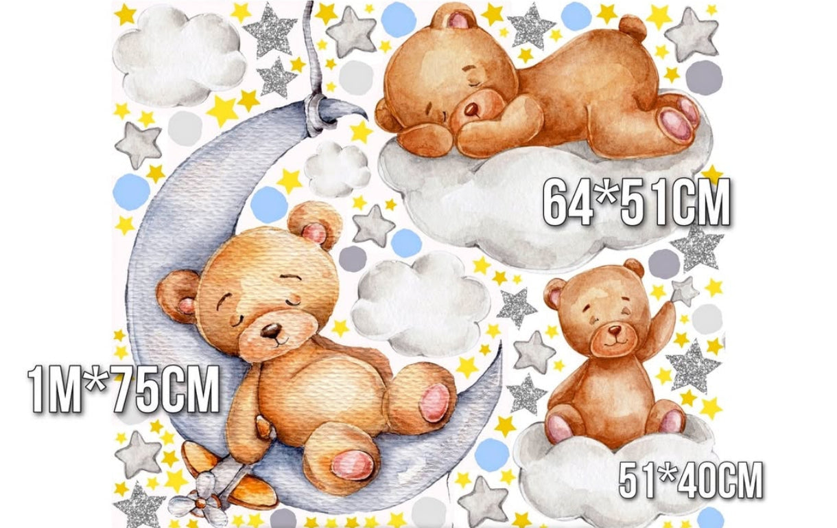 Wall sticker cameretta neonato orsetti addormentati luna e nuvole acquerello stelle dorate silver, disponibile in tre formati